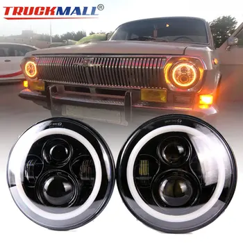 

For Lada Niva 4x4 7" LED Offroad 12V 24V Round Headlight with Angle Eyes Drl Turn Signal Lamp Headlamp For Land Rover Defender