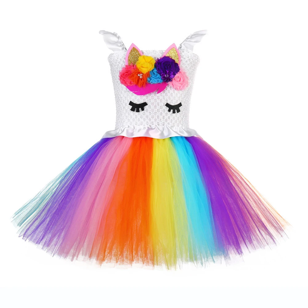 Bright Rainbow Pony Unicorn Birthday Dress for Teens White Ruffles Wedding Girls Dress 12 Age Unicorn Pattern Girls Tutu Dress (3)