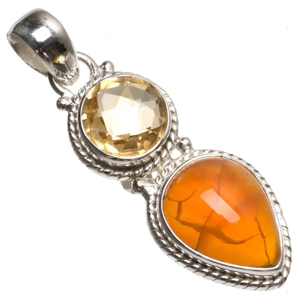 

Natural Citrine and Carnelian Handmade Indian 925 Sterling Silver Pendant 1 3/4" T0067