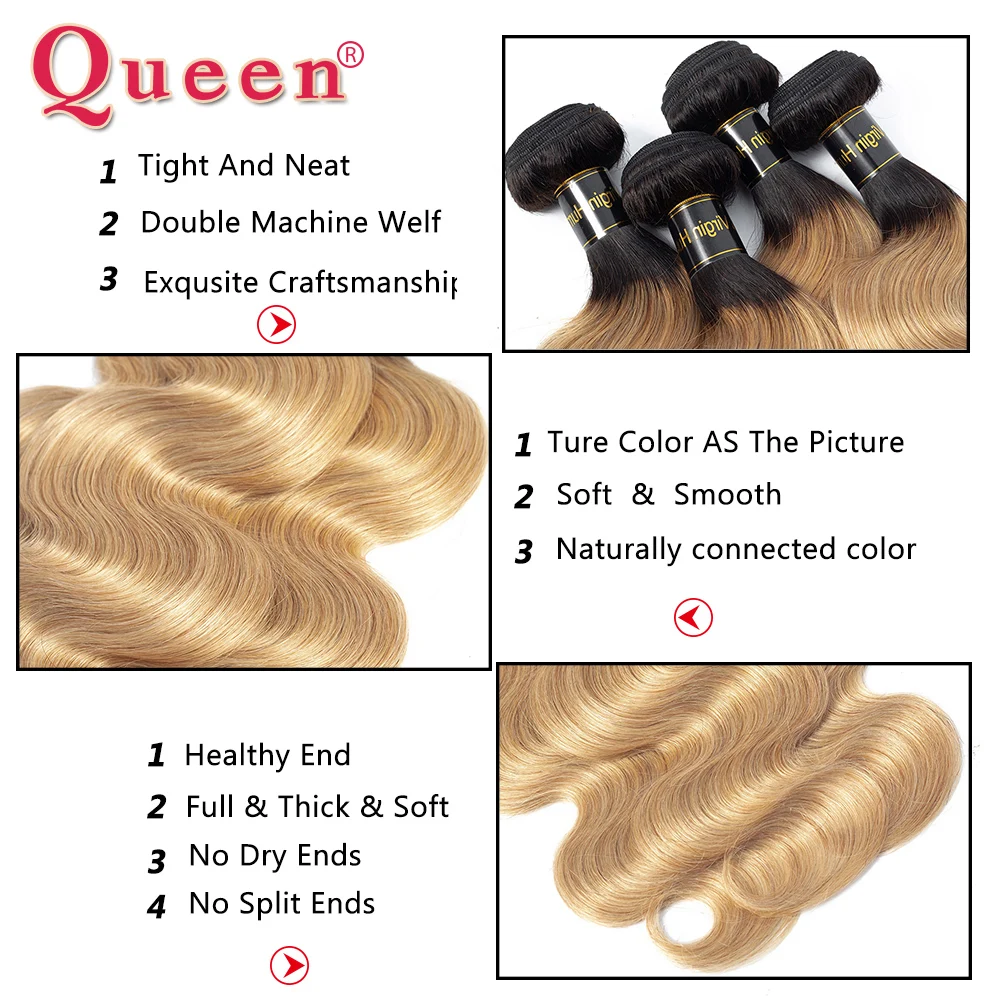Queen Hair Products Brazilian Body Wave Human Hair Blonde Ombre Hair Dark Roots T1B/27 Can Buy 1/3/4 Weave Bundles Extensions