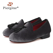 Piergitar/ г. Новые детские бархатные туфли серого цвета с кожаными кисточками, вечерние и свадебные Детские Лоферы стиль для родителей и ребенка