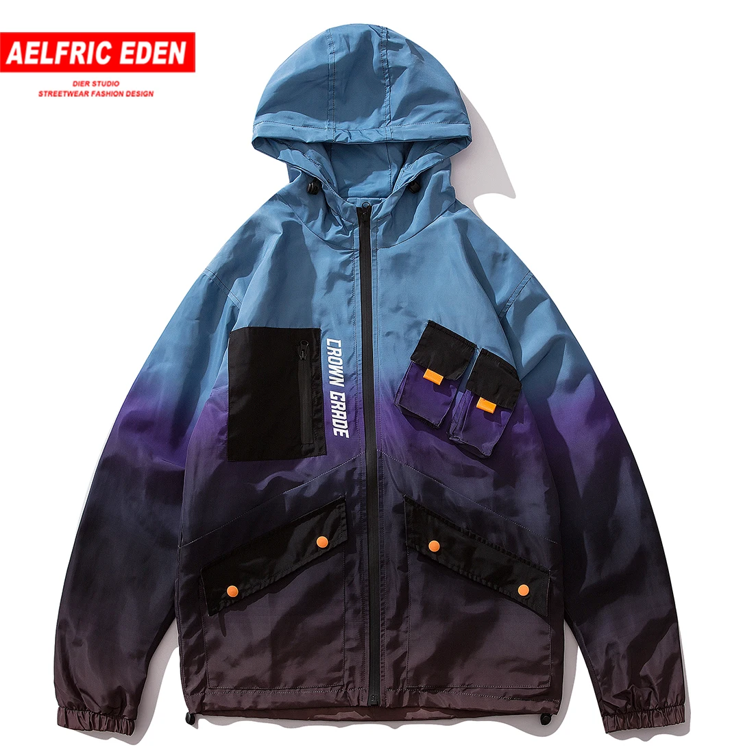 

Aelfric Eden Hip Hop Color Block Patchwork Multi Pockets Men Hooded Jacket Harajuku Fashion Ribbons Cargo Coat Casual Streetwear