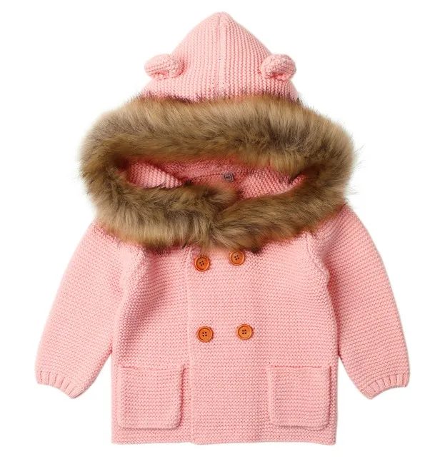 pink Теплые модные свитера для малышей; осенние кардиганы с капюшоном для новорожденных; вязаные куртки с рисунком медведя; детская одежда с длинными рукавами - Цвет: pink