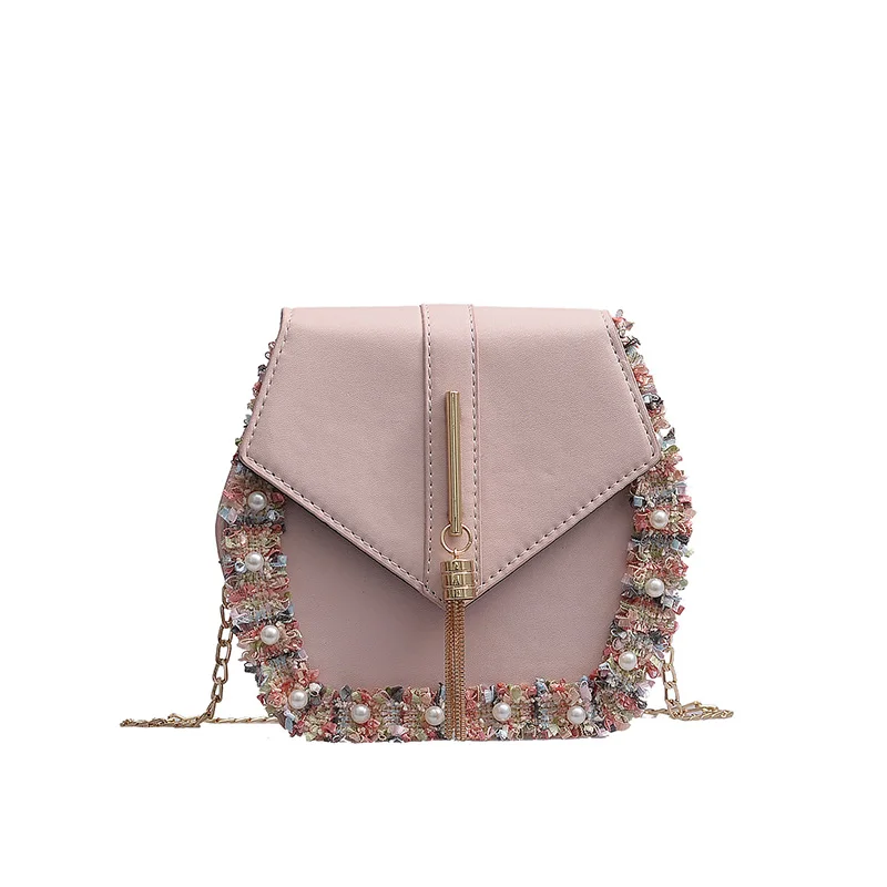 

Women Lace Flowers Leather Square bag Flower Pearl Chain Shoulder Messenger Bag Famous 2019 Fashion Bag