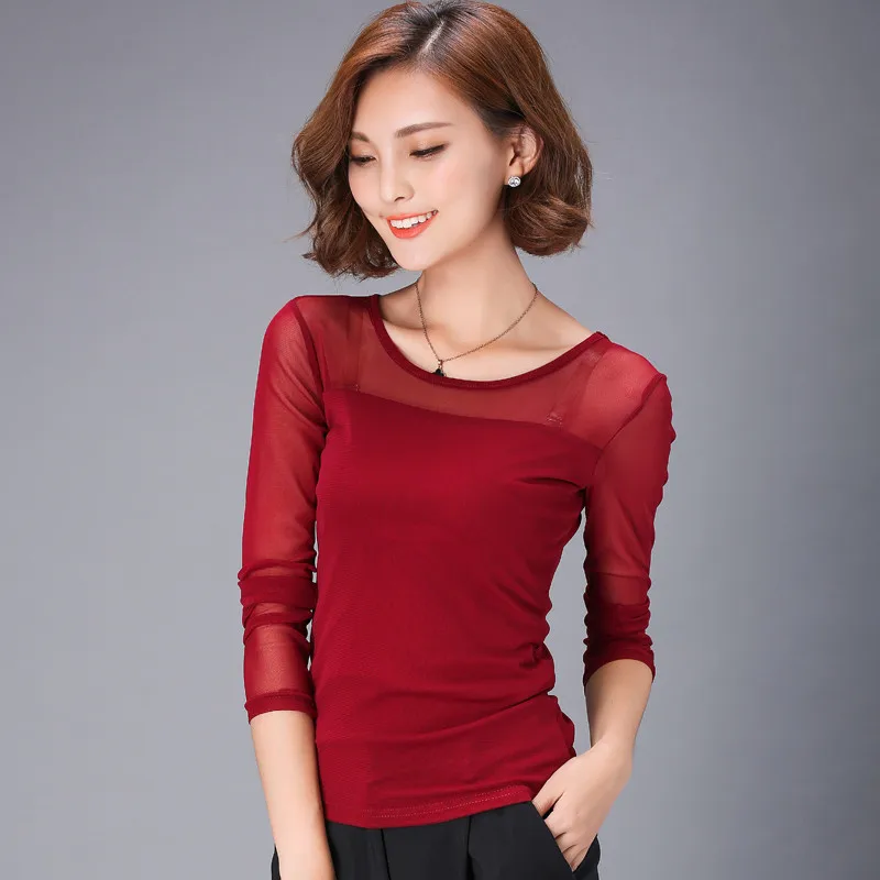 Sanishroly 2018 Summer Autumn Women Long Sleeve Blouses Thin Lace Blouse Ladies Solid Mesh Bottoming Shirt Tops Plus Size SE106 5