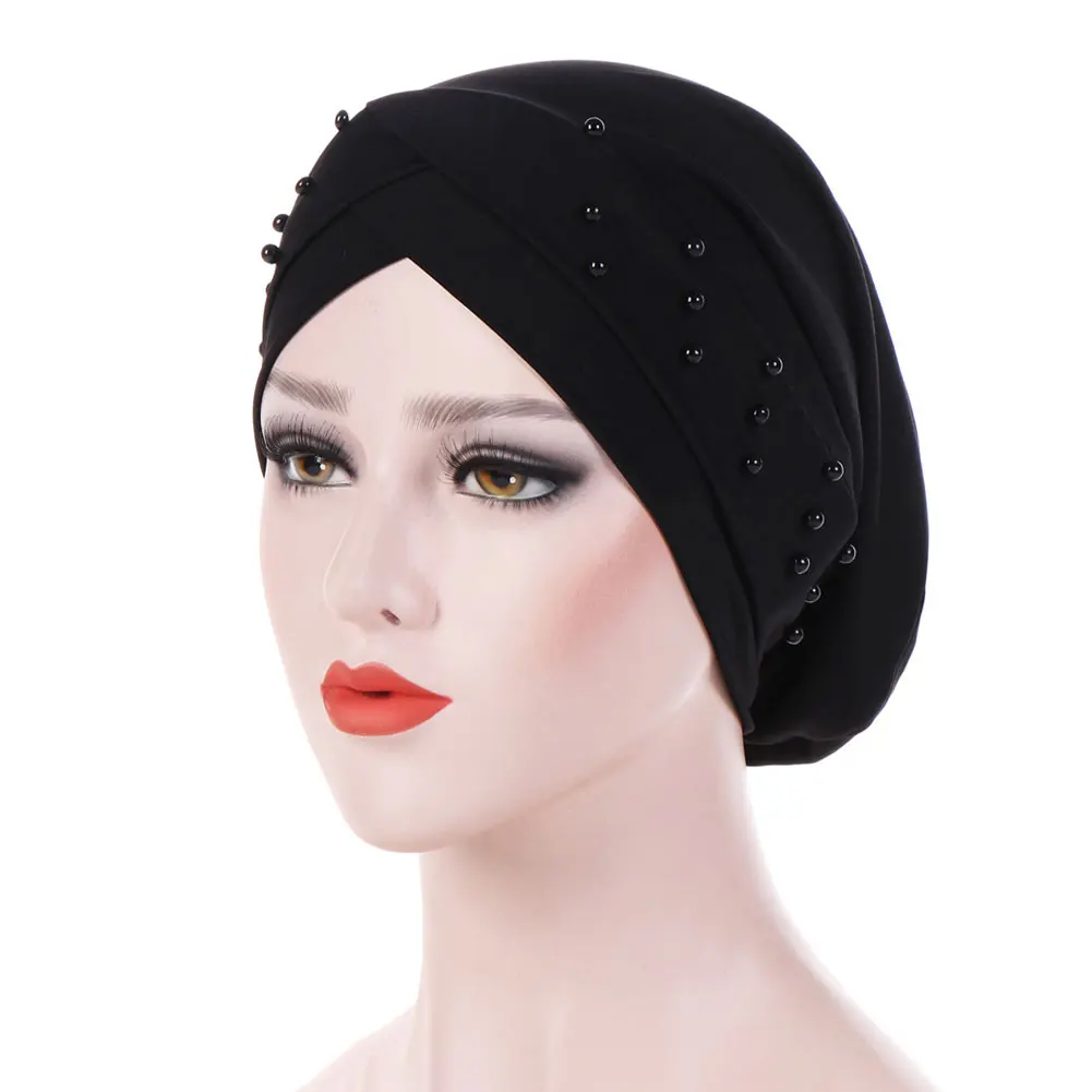

Women Beanie Turban Accessories Western Style Casual Chemotherapy Cap Solid Bead Fashion Stretch For Cancer Forehead Cross