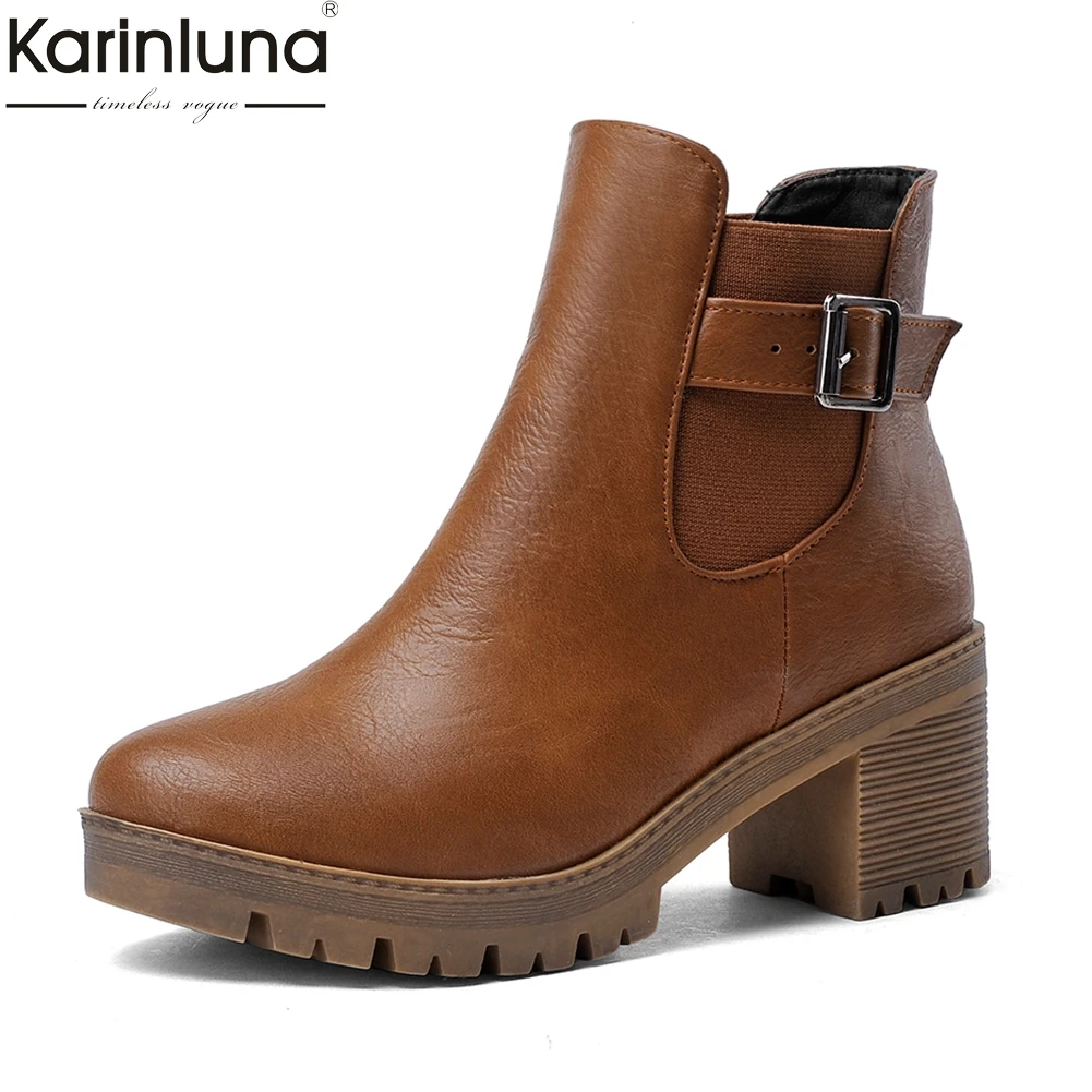 Karinluna/Лидер продаж; новые брендовые ботинки на платформе; большие размеры 34-43 женская обувь ботильоны на квадратном каблуке женские ботинки