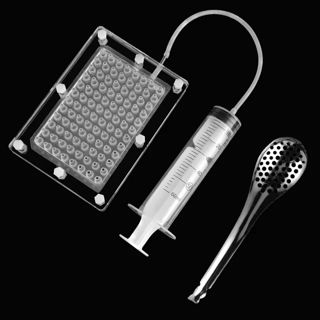 kit con 96 fori in acrilico per la gastronomia molecolare Caviar Maker con siringa e cucchiaio