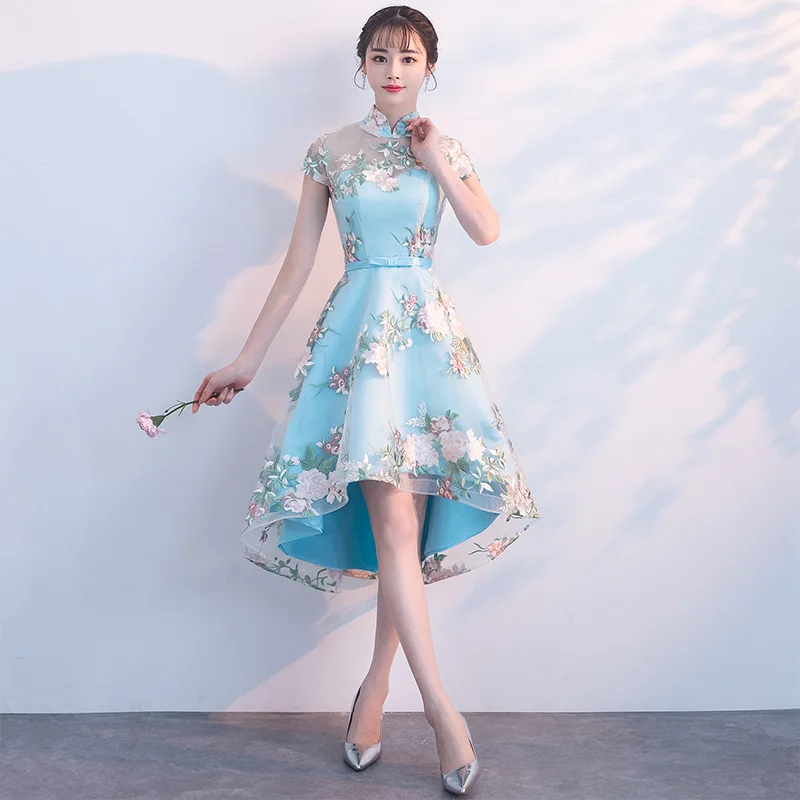 Вышивать традиционное китайское платье Qipao женские вечерние платья Винтаж Cheongsam Для женщин невесты короткие кружевные Cheongsam современный платье для танцев