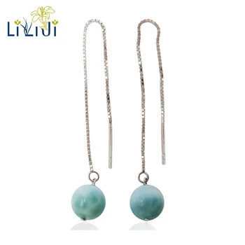 

Lii Ji Dominican Larimar Ear-Line Genuine Blue Stone 925 Sterling Silver Platinum Color Long Drop Earrings For Fashion Women