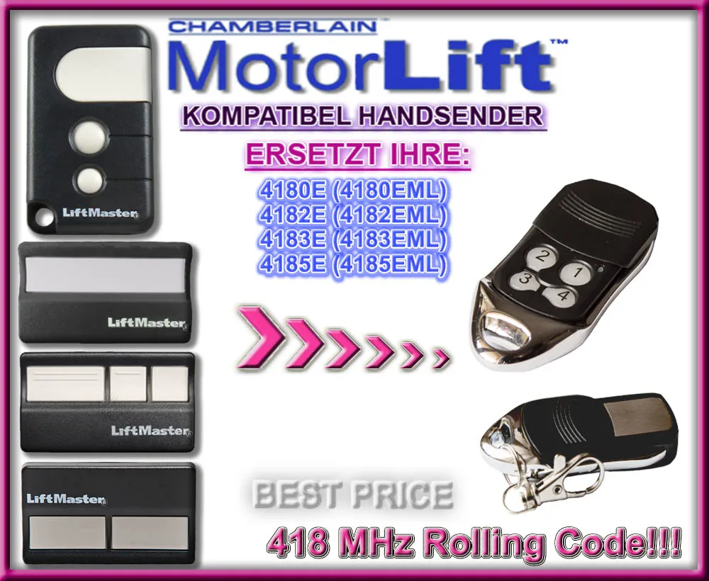 

For MotorLift 4180E/4182E/4183E/4185E Compatible Replacement Garage Door Remote Control Rolling Code 418MHZ