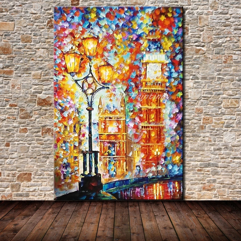 Mintura Paintings Hand Painted Palette Knife Street Lamp Oil Painting on Canvas Wall Picture For Living Room Home Decor No Frame