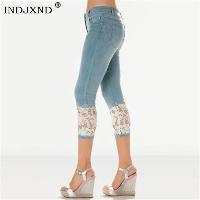 INDJXND джинсы с высокой талией эластичные женские синие джинсовые зауженные джинсы-карандаш брюки длиной до икры с кружевной строчкой