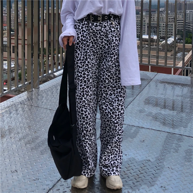 Корейская уличная одежда, женские леопардовые тонкие джинсовые свободные прямые широкие брюки, модные летние брюки, сексуальные брюки с высокой талией
