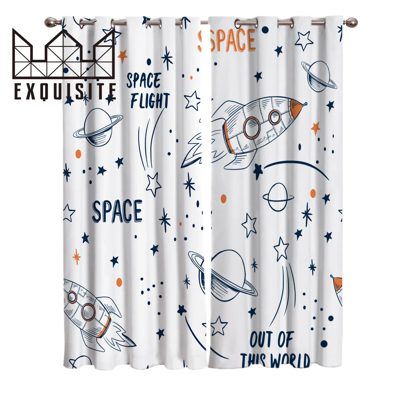 

Exquisite House Curtains Rocket Flying Cartoon Children Polyester Window Curtains For Living Room Kitchen Bedroom Drapes