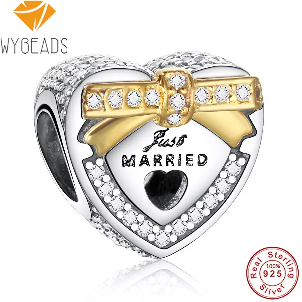

WYBEADS 925 Sterling Silver Wedding Heart Charms Love Clear CZ European Bead Fit Bracelet DIY Accessories Jewelry Valentine Day