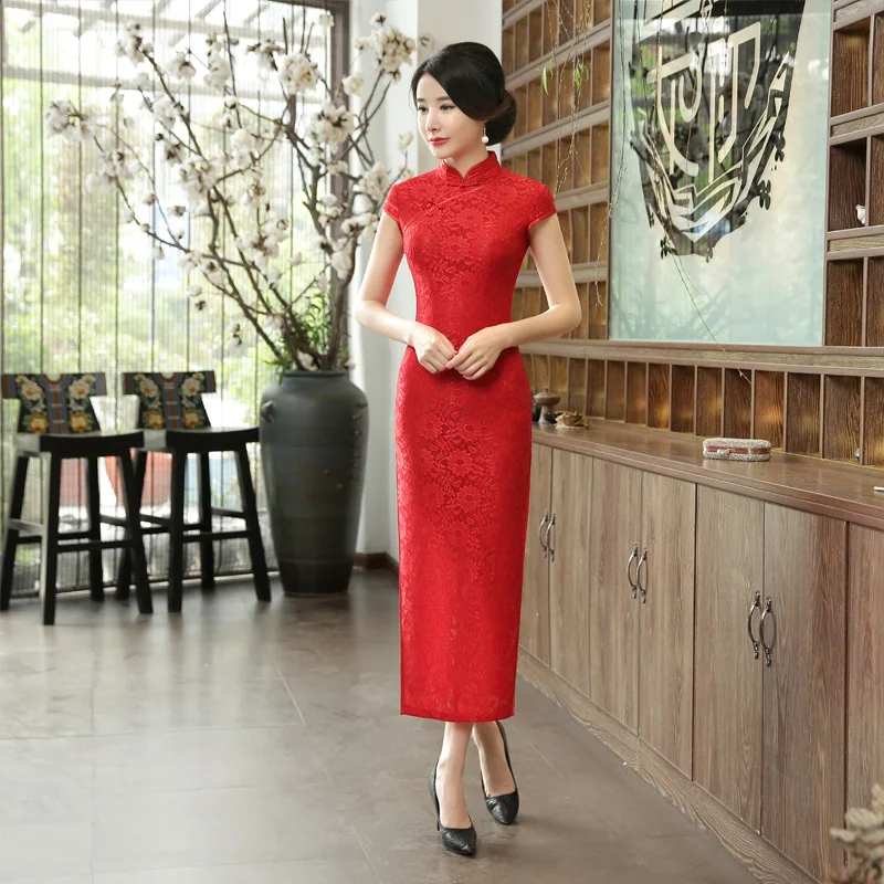 Китайский Чонсам Ципао китайский женский халат Красное Кружевное тонкое винтажное модное платье с принтом женские Традиционные вечерние свадебная одежда