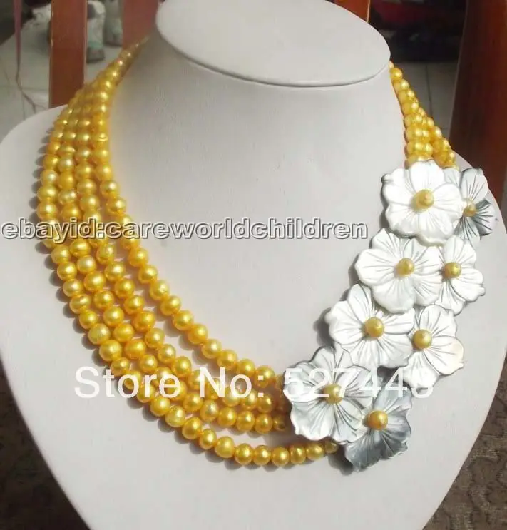 

Wholesale free shipping >>Yellow FW Pearl Shell Flower 4 Rows Necklace