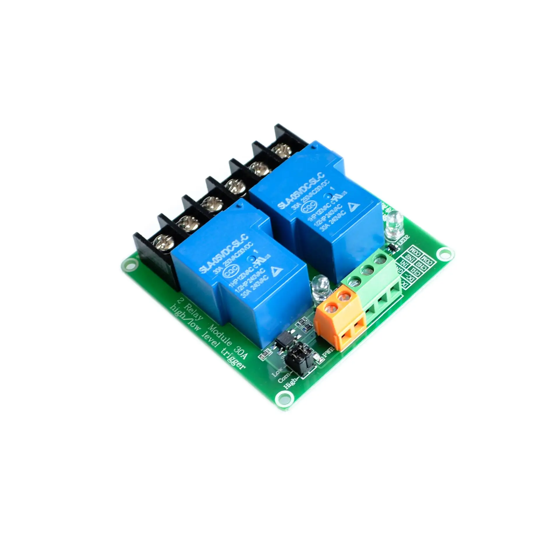 

two 2 channel relay module 30A with optocoupler isolation 5V supports high and low Triger trigger for Smart home