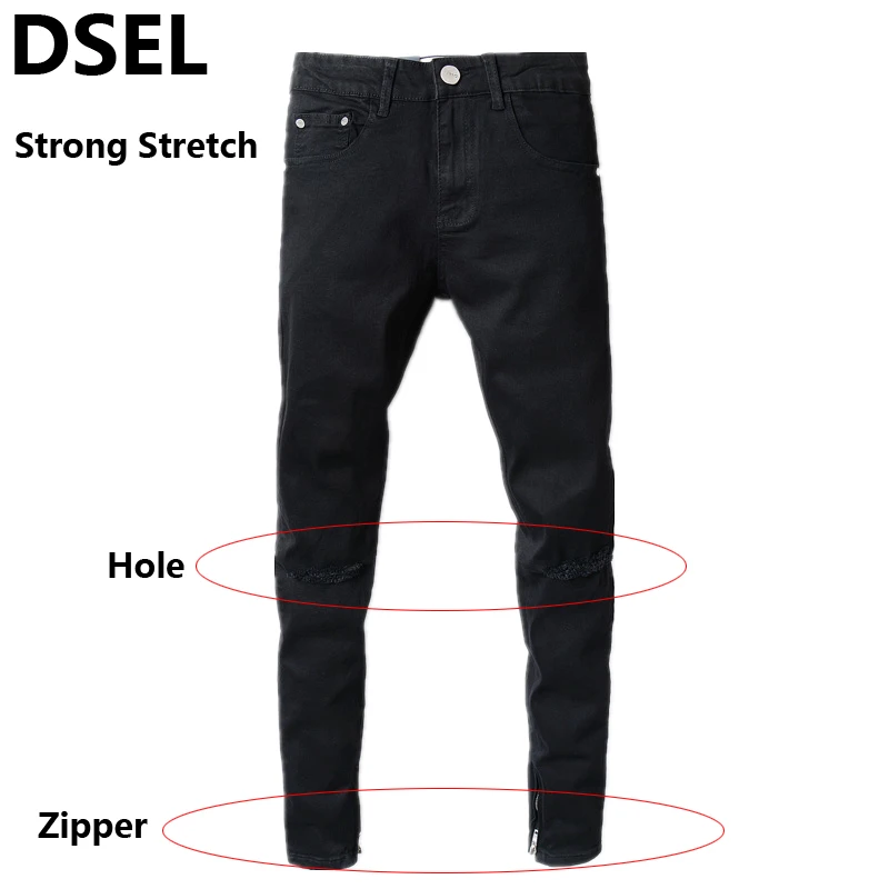 Black Ripped Skinny Jeans Mens Promotion-Shop For Promotional Summer Strong Stretch Leg Length Ripped Skinny Jeans Men Brand Clothing Men`s Selvedge Zipper Solid Black Hole Knee Jeans G2001 - Black Ripped Skinny Jeans Mens Promotion-Shop For Promotional