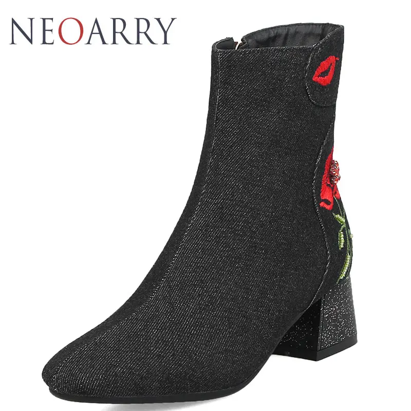 Neoarry Embroider Floral Denim Boots Ladies Party Shoes Chunky Block Med Heel String Beading Ankle Large Size 32-48 T90 | Обувь