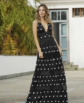 

Summer 2019 Dot Vintage See-Through Dress Sexy Black Women V Neck Sleeveless Bandage Night Club Body con Party Dresses Wholesale