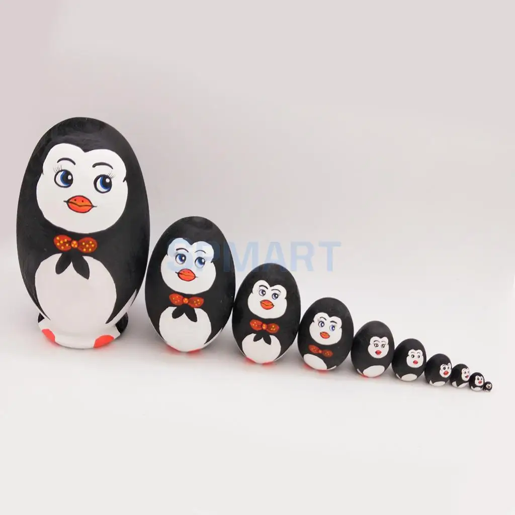 10 Pieces Penguin Russian Nesting Dolls Wooden Babushka Matryoshka Dolls Toy Christmas Gift Home Display Decor