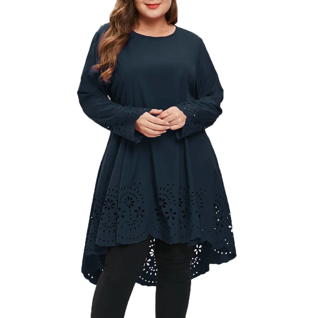 

Women Fashion O-Neck Long Sleeve Plus Size Laser Cut High Low Hollow Out Dress