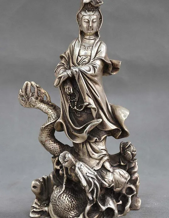 

9 China Buddhism fane Silver Stand Dragon GuanYin Kwan-yin Goddess Buddha Statue