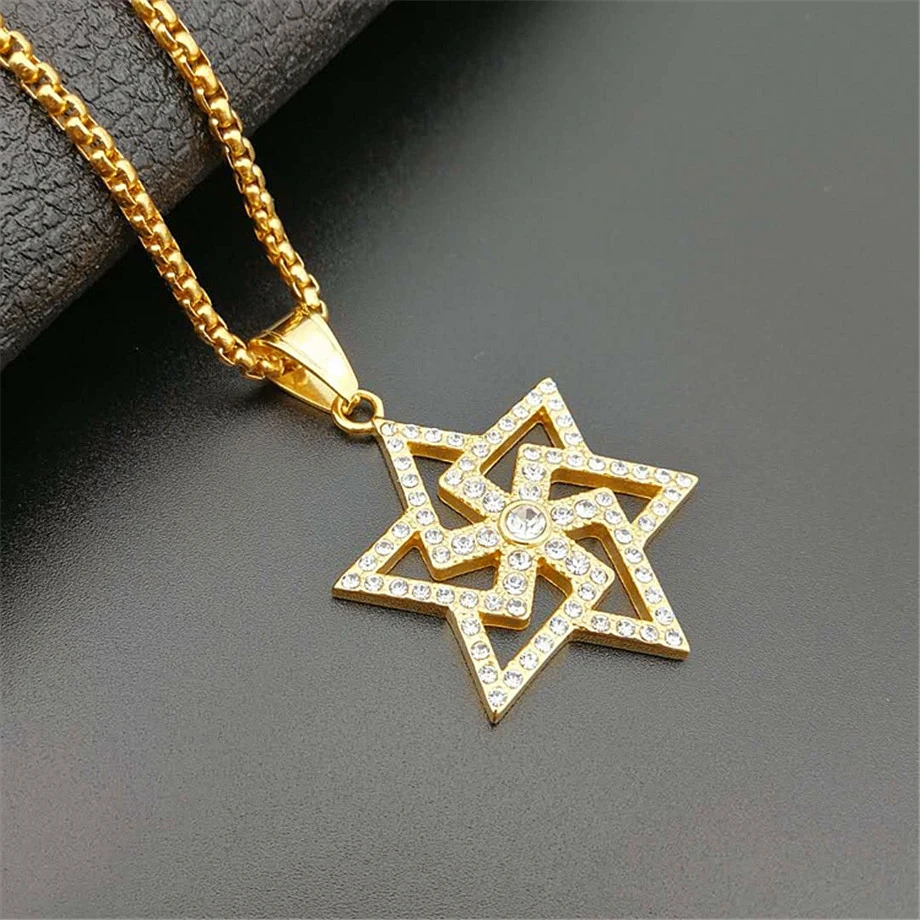 Iced Out Star of David Swastika кулон ожерелье золотой цвет нержавеющая сталь цепи для мужчин еврейский буддизм Религиозные ювелирные изделия