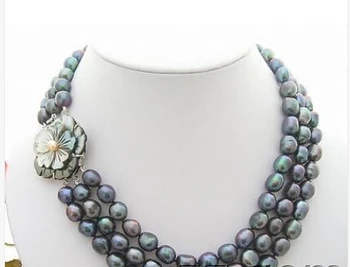 

Beautiful 3row Black Baroque Pearl Necklace-Cameo Flower Clasp