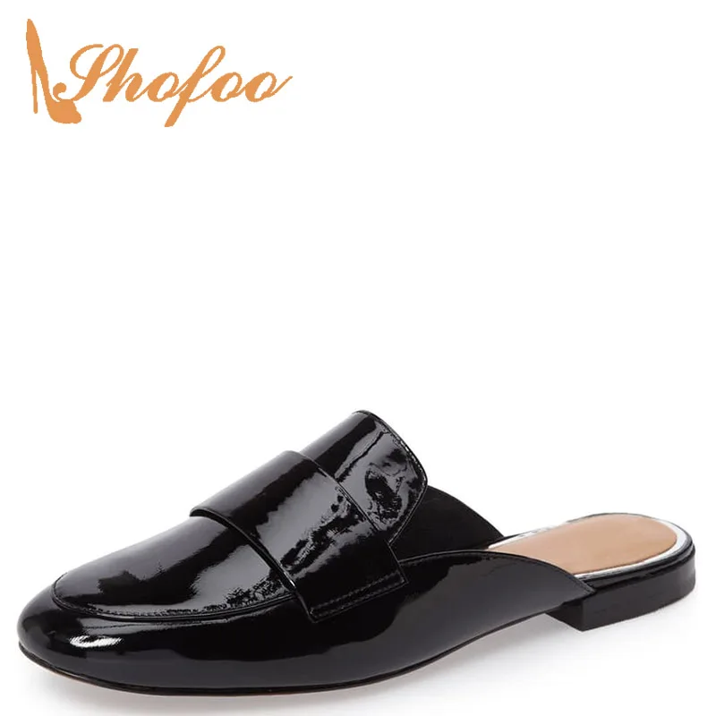 

Black Brown Round Toe Shallow Flat Mules Woman Large Size 11 12 For Ladies Summer Beach Footwear Shoes Fashion Holidays Dress