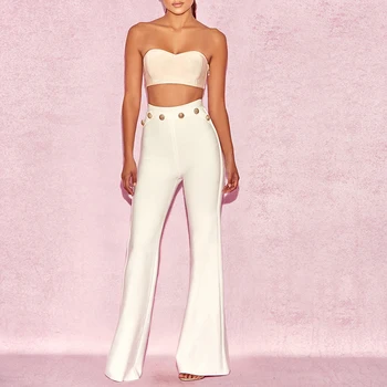 

CIEMIILI 2020 Elegant Button High Waist Bandage Flare Women Pants New Arrival Celebrity Night Out Stylish Sexy Party Solid Pants
