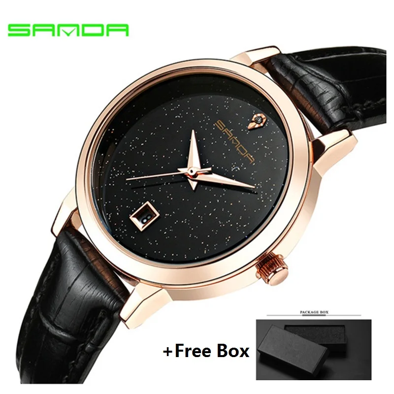 

SANDA Fashion Star Dial Women Watches Luxury Golden Leather Ladies Watch Women Dress Clock Auto Date Watches relogio feminino