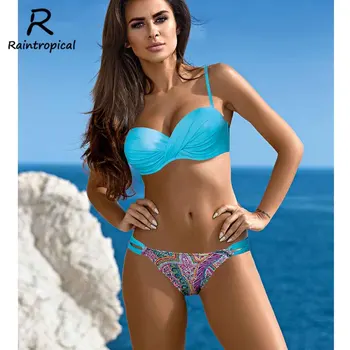 

Raintropical Sexy Women Swimsuit Print Bikini Set Halter Retro Brazilian Bathing Suits Push Up Swim Wear Solid Plaid Swimwear