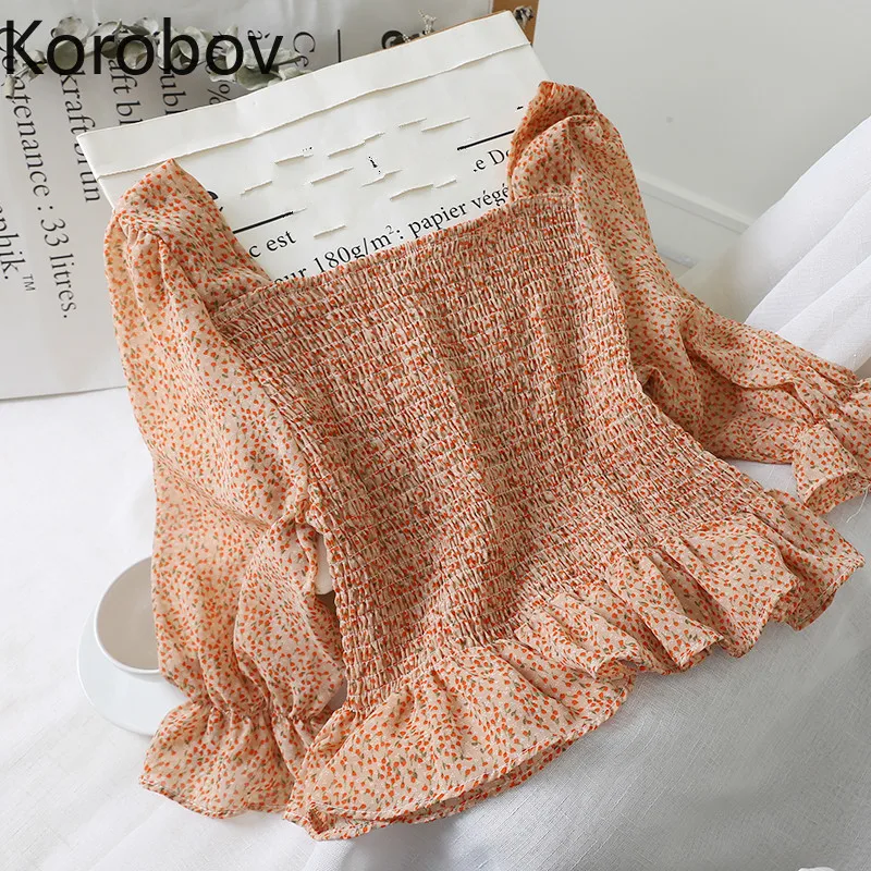 

Korobov Korean Flower Print Square Collar Women Blouses Puff Sleeve Ruffles Blusas Feminina Elegant Chiffon Shirts Femme 77790