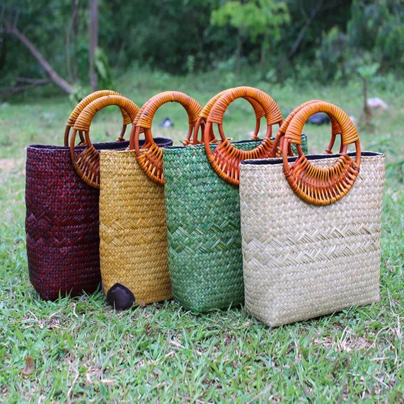 28x24CM The New Thai Simple Handmade Straw Bag Rattan Cloth Handbag