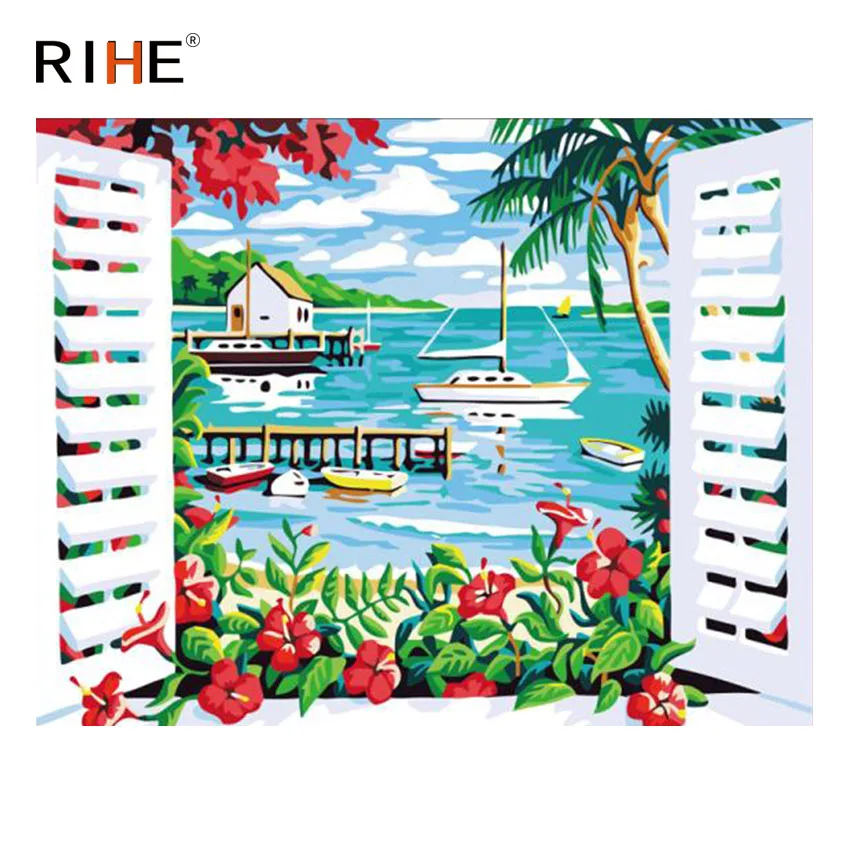 

RIHE Beach Boat Diy Painting By Numbers Abstract Window Oil Painting On Canvas Sea Cuadros Decoracion Acrylic Modern Wall Art