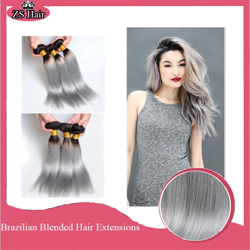 One Peice Bundle Grey Brazilian Blended Hair Extensions Ombre Hair