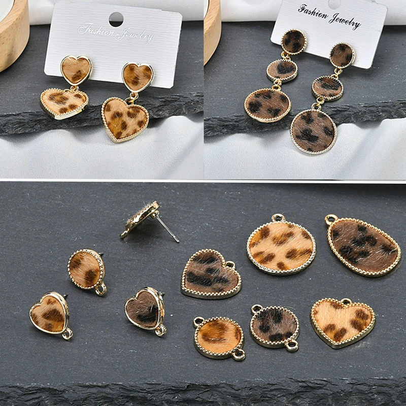 

DIY handmade accessories leopard print imitation mink hair love round shaped alloy pendant earrings materials
