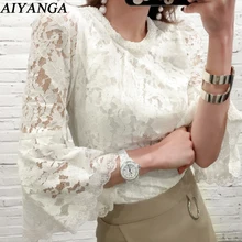 Сезон: весна–лето Для женщин Бисер Кружево Топы корректирующие с расклешенными рукавами с длинным рукавом белый Кружево Футболки Тонкий Дамы Твердые Цвет Chic