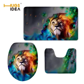 

HUGSIDEA Non-slip 3pcs/set Bathroom Mat Cool Print Animal Lion Cat Toilet Seat Mat Thick Overcoat Closestool Lid Cover Pad