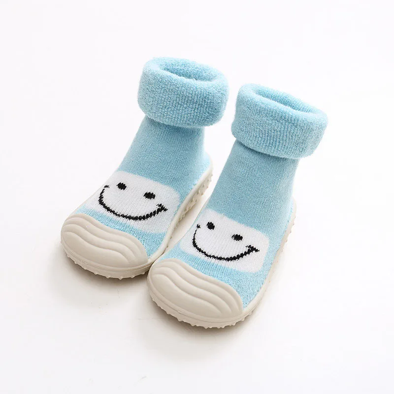 KiDaDndy/милые однотонные нескользящие носки с принтом улыбающегося лица для маленьких мальчиков и девочек, теплые махровые носки с резиновой