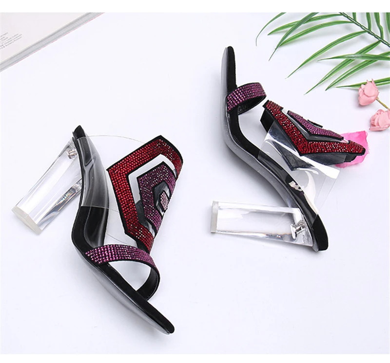 Геометрические шестигранные женские сандалии со стразами прозрачные летние туфли на высоком каблуке с открытым носком из прозрачного ПВХ модные туфли без задника