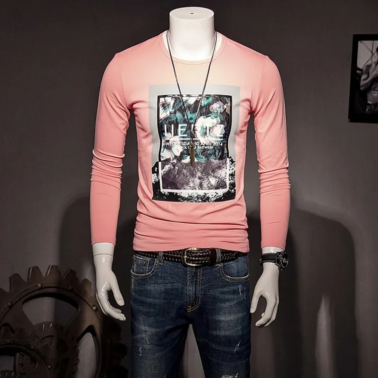 Мужская футболка с длинными рукавами Новая Осенняя нижняя рубашка с круглым вырезом и принтами тонкая Молодежная футболка рубашка