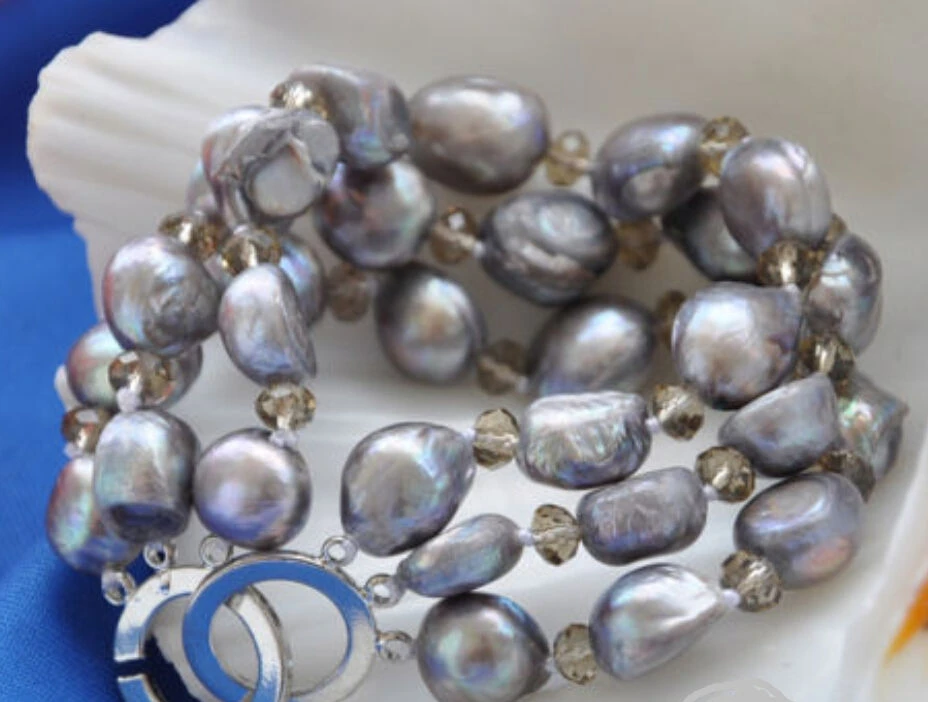 

3row 7.5" 11X13mm gray baroque freshwater cultured pearl Smoky quartz bracelet >>free shipping