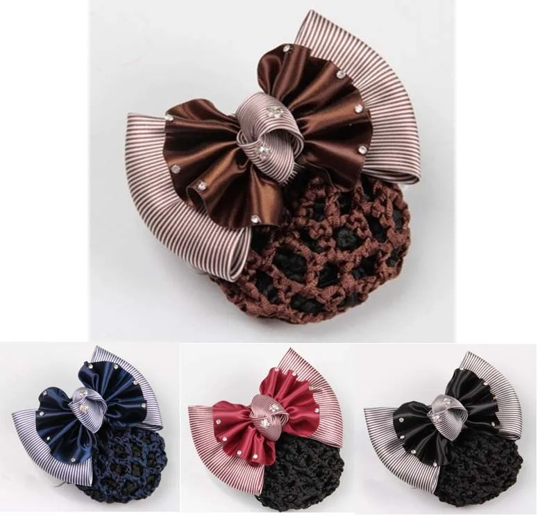 Wholesale Ladies rhinestone Hair Snood net Crystal Big Satin Hair Bow