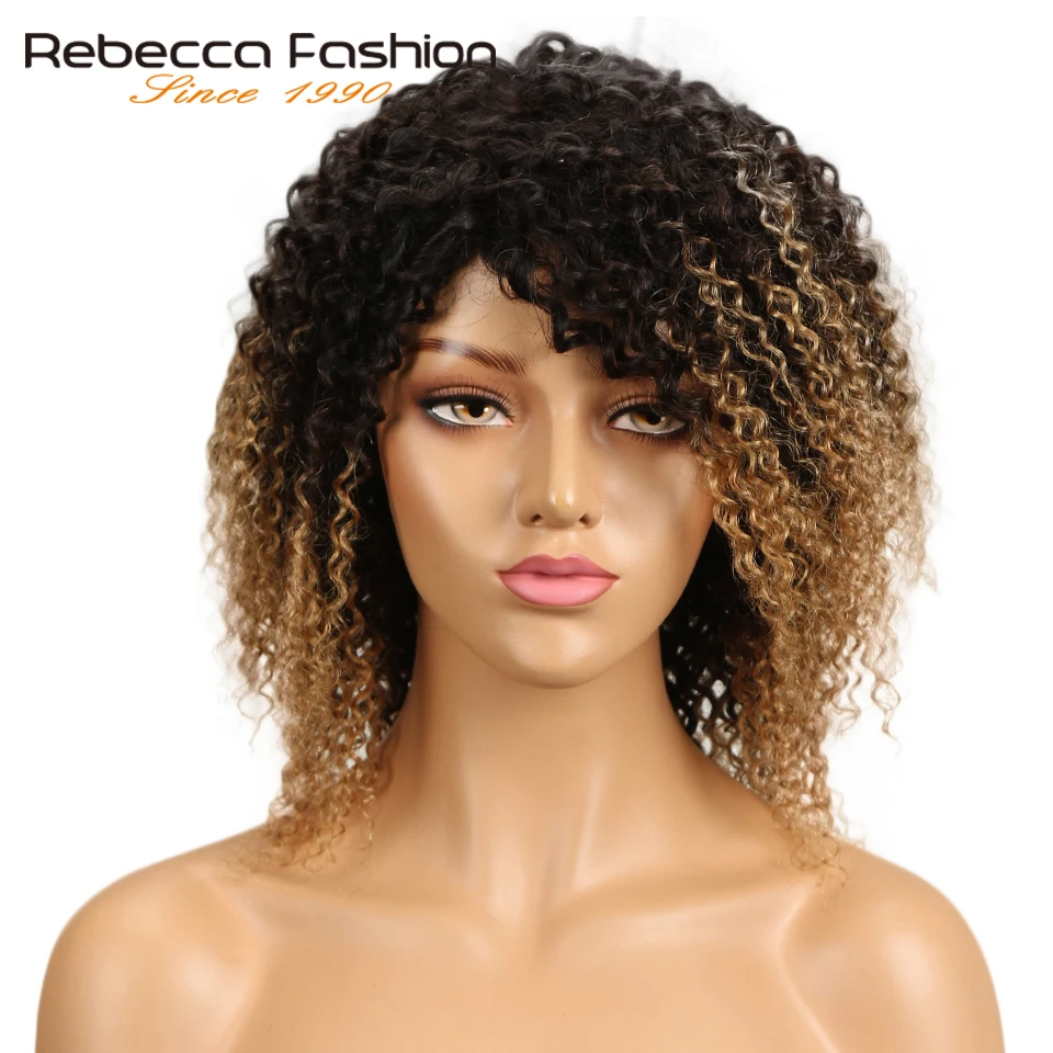 Rebeca pelo Remy peruano Pelo Rizado Omber peluca rubia máquina hecha pelucas cortas de cabello humano para mujer Color #1B/4/27 # 99J