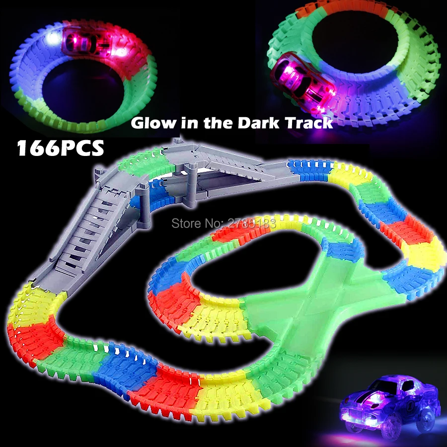 166PCS Slot Create A Road DIY Glow race track Flex Bend Tracks with 1pc Electric LED Light Up