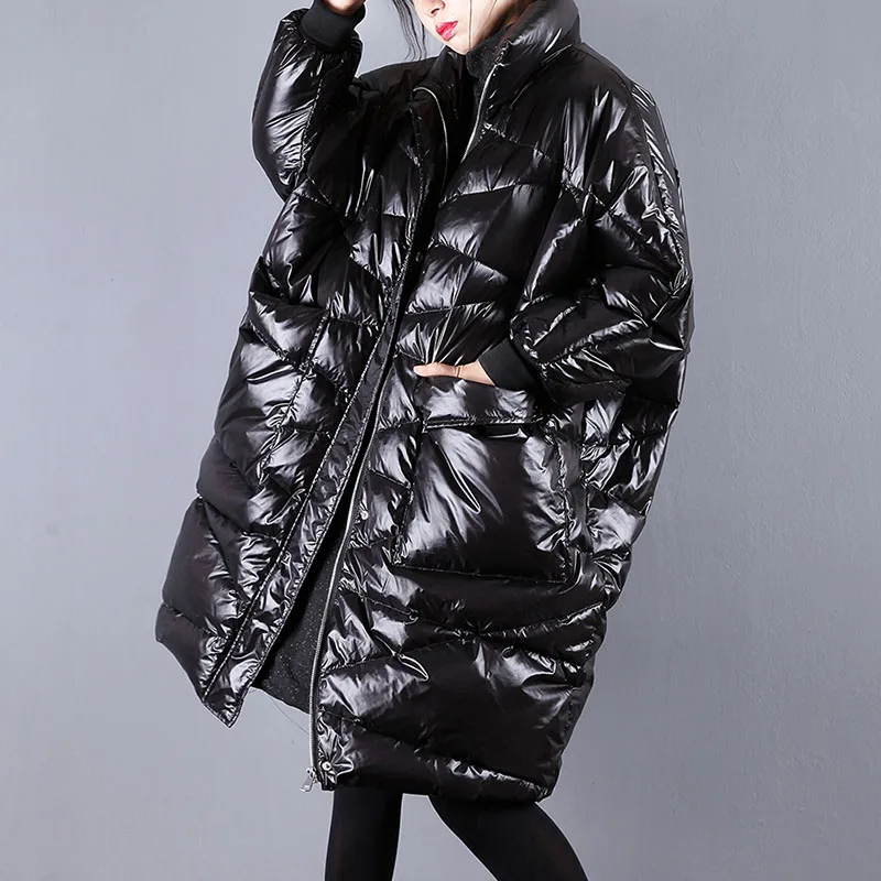 

Fashion Women's Duck Down Jacket Winter Bright Surface Long Parkas 2019 Thick Plus Size Loose Batwing Sleeve Warm Coat Female